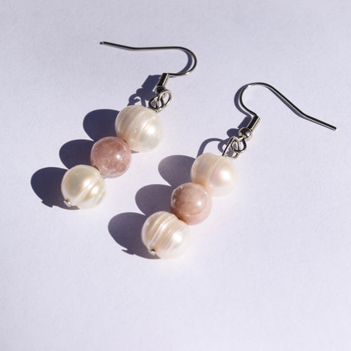 Aurora Drop Earrings - Freshwater Pearl & Sunstone (Stainless Steel)