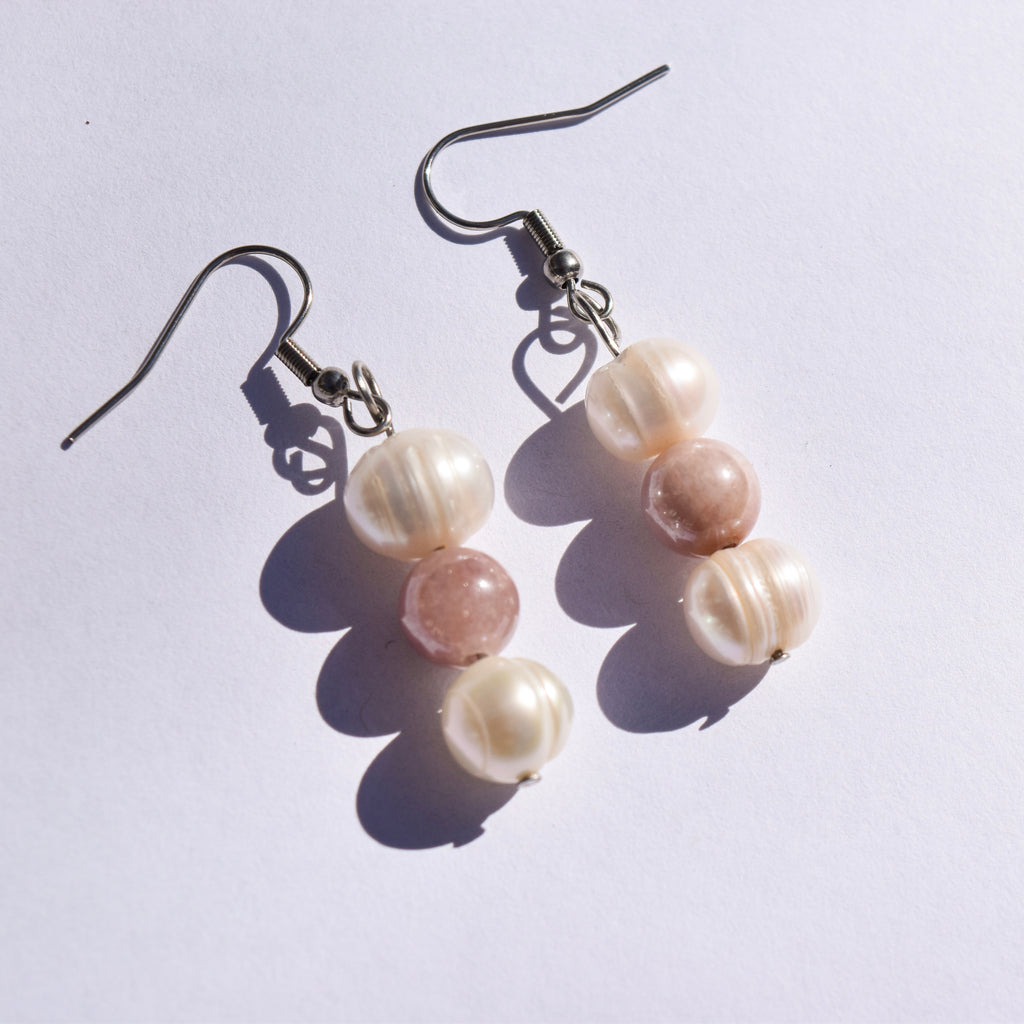 Aurora Drop Earrings - Freshwater Pearl & Sunstone (Stainless Steel)