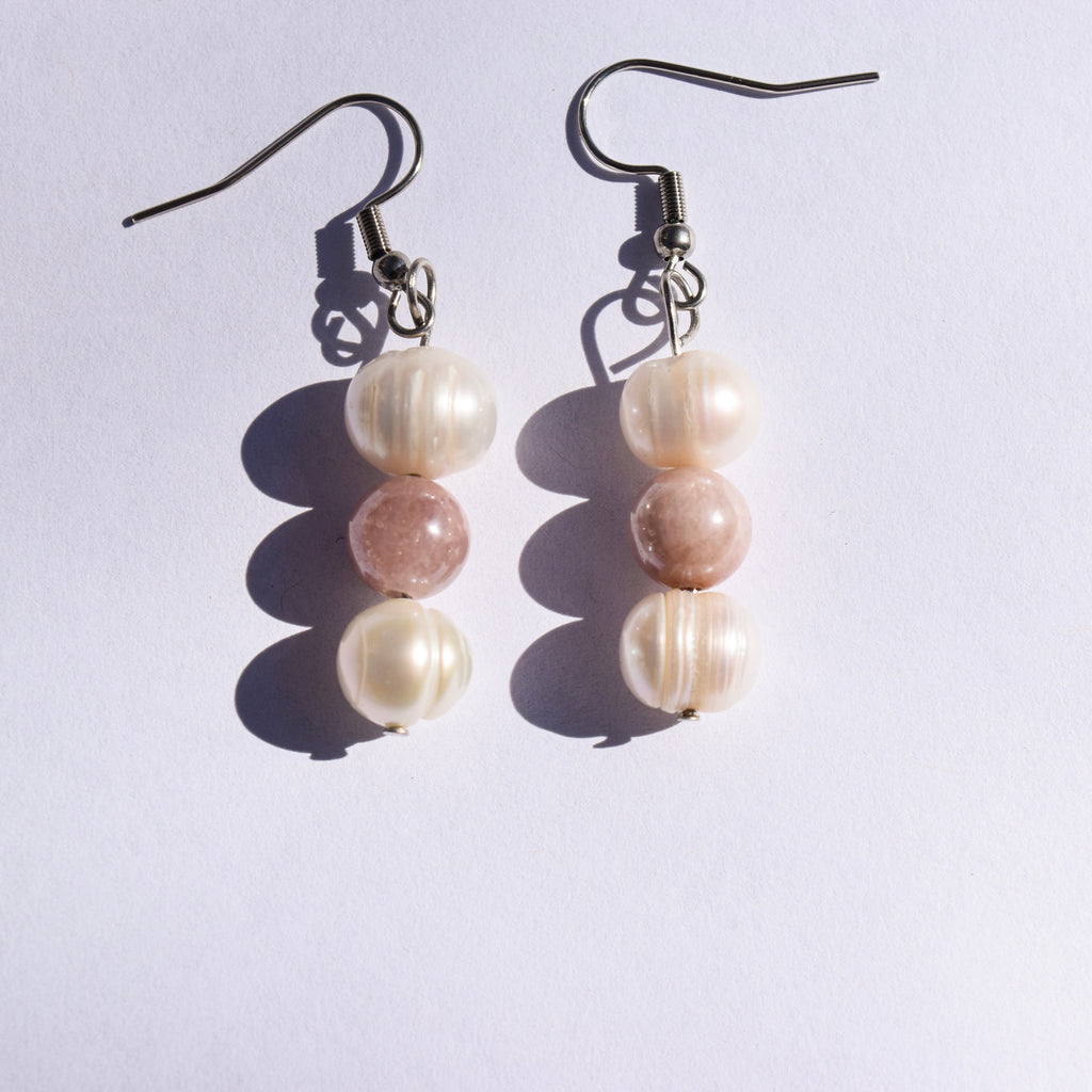 Aurora Drop Earrings - Freshwater Pearl & Sunstone (Stainless Steel)