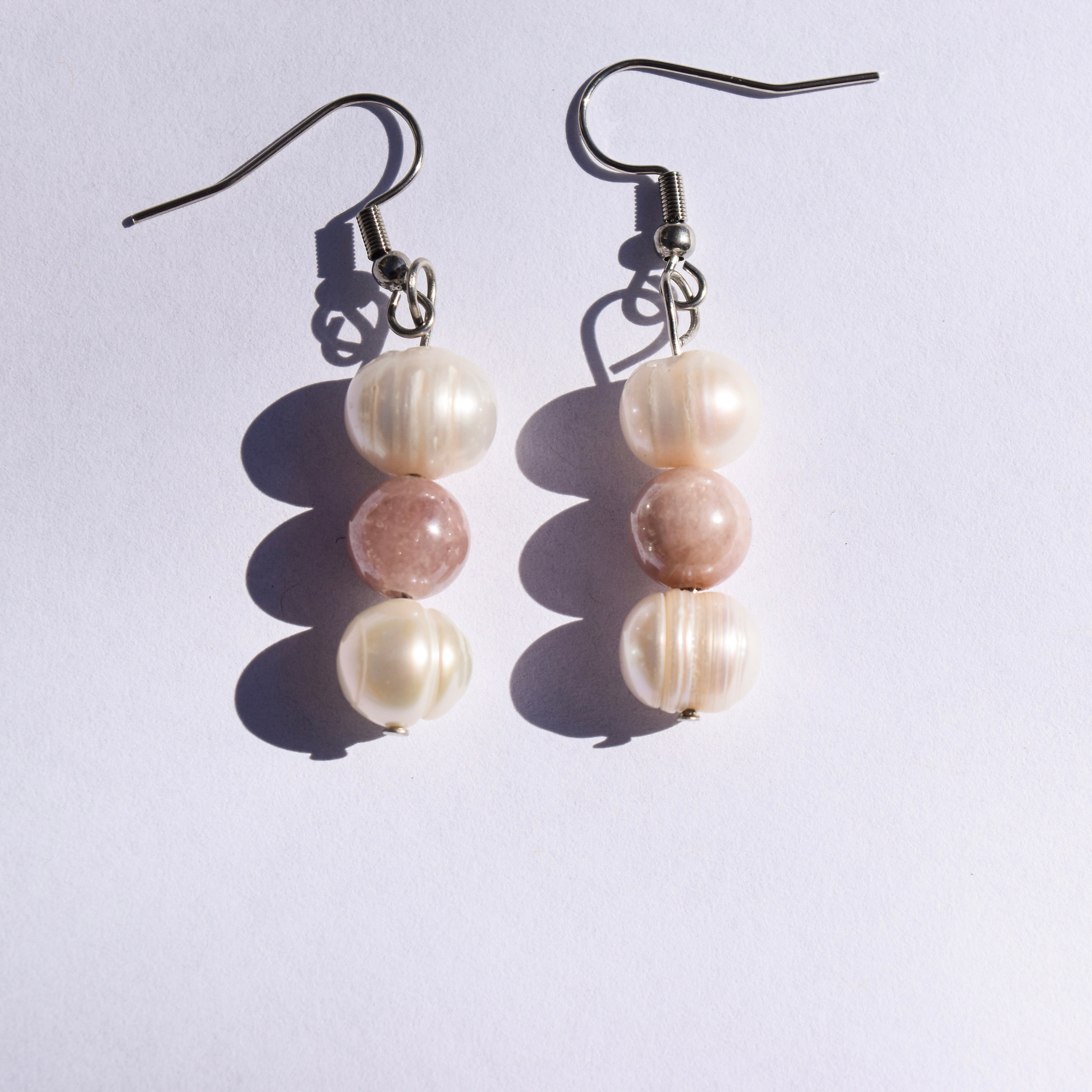 Aurora Drop Earrings - Freshwater Pearl & Sunstone (Stainless Steel)