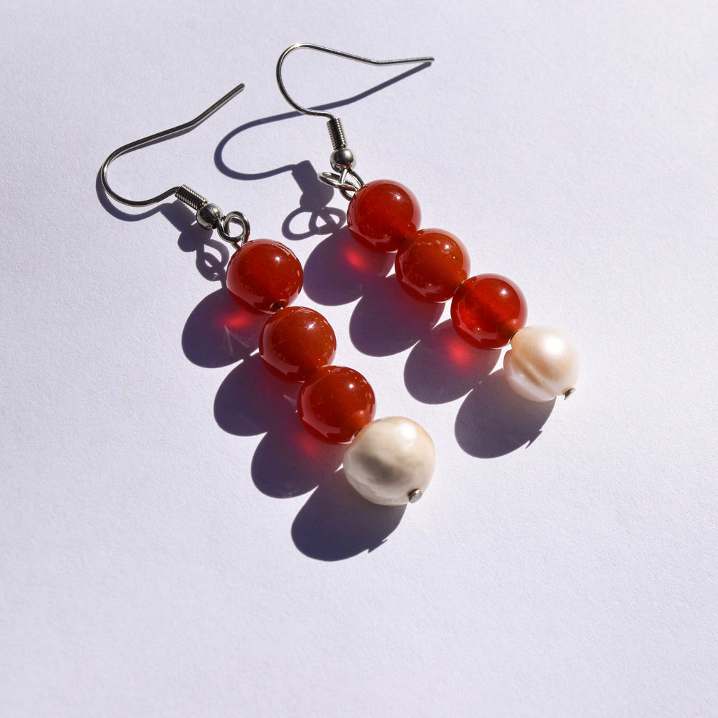 Solar Drop Earrings - Carnelian & Freshwater Pearl (Stainless Steel)