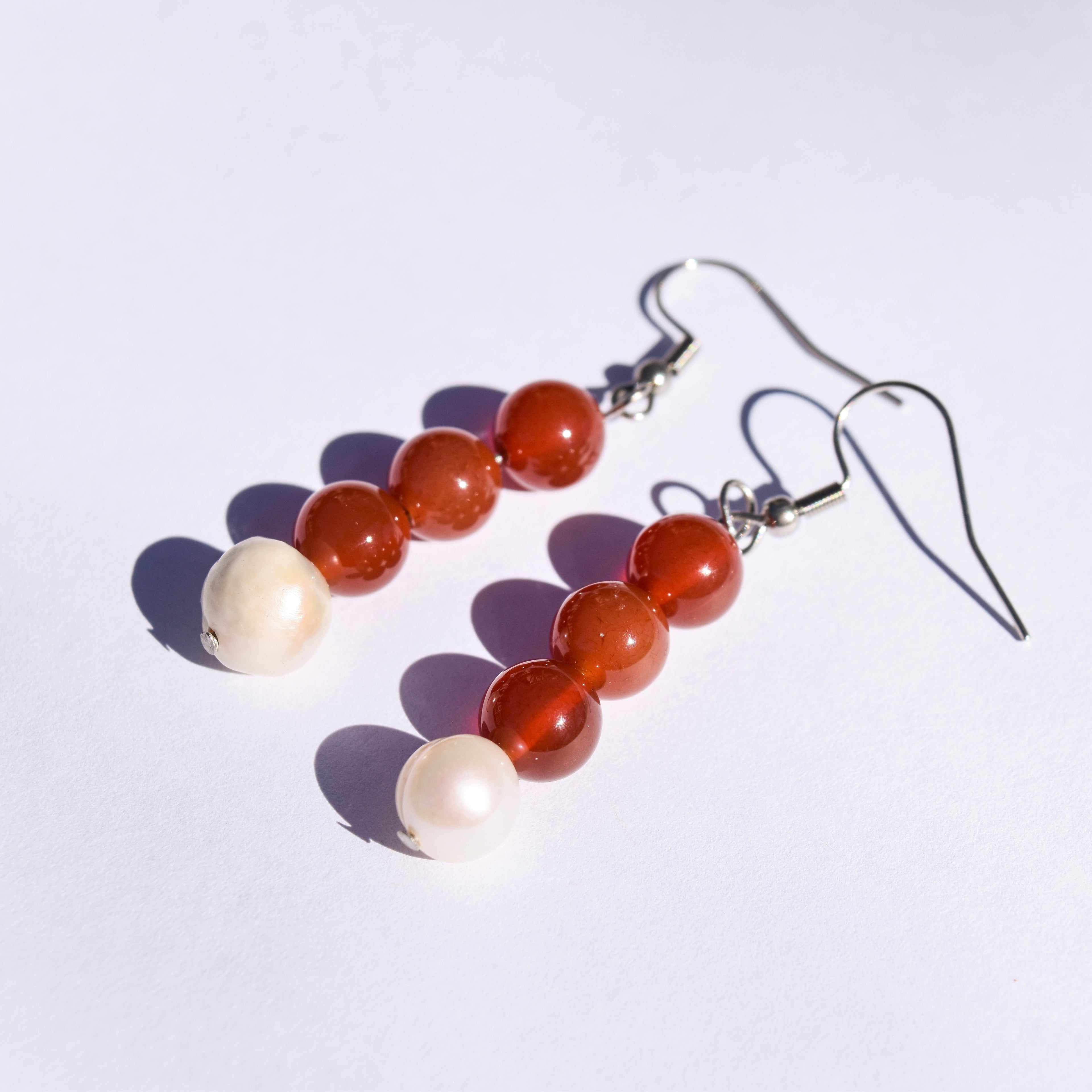 Solar Drop Earrings - Carnelian & Freshwater Pearl (Stainless Steel)